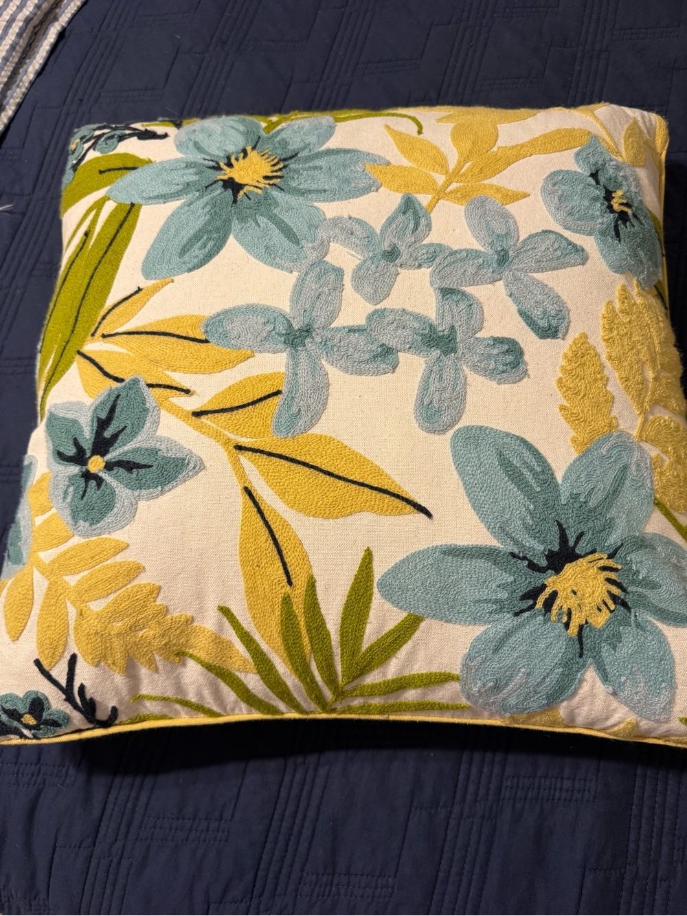 Floral Embroidered Accent Pillow in Teal, Yellow, Cream - Home Accents